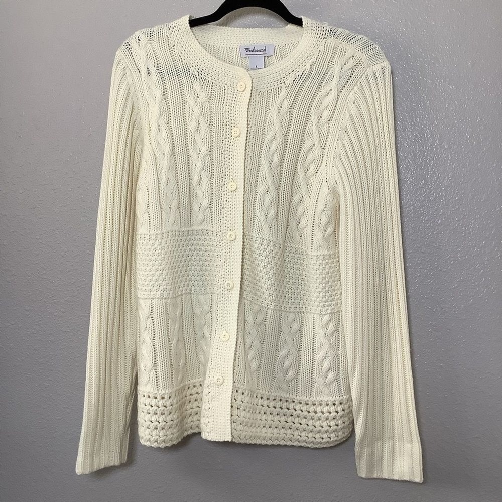 Vintage Cream Cable Knit Cardigan‎ Large Retro Fisherman 90s Minimalist Neutral